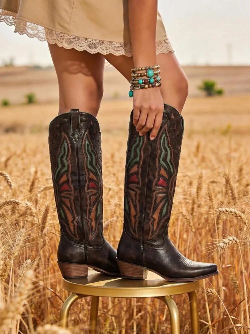 Women's Chocolate Cowboy Knee High Chunky Heel Butterfly Cowgirl Boots Wide Calf